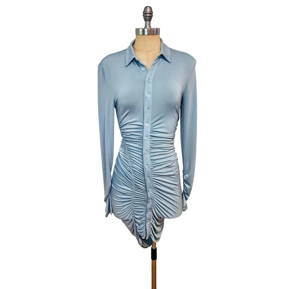 House of CB Deana powder blue jersey asymmetric mini shirt dress Small - Picture 4 of 7
